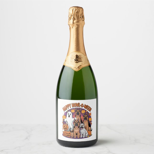 Happy German Shepherd Halloween Sparkling Wine Label (Front)