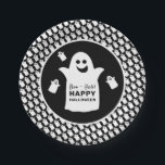 Happy Ghost, Black Halloween Party Paper Plate<br><div class="desc">These paper plates are perfect for anyone planning a Halloween celebration. The design features happy ghosts on the front with a tiled ghost pattern and is finished with matching editable wording. This fun design can be personalized to suit your special event and will be the perfect accessory for any Halloween...</div>