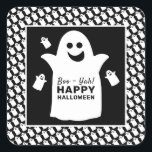 Happy Ghost, Black Halloween Party Square Sticker<br><div class="desc">These stickers are perfect for anyone planning a Halloween celebration. The design features happy ghosts on the front with a tiled ghost pattern and is finished with matching editable wording. This fun design can be personalized to suit your special event and will be the perfect accessory for any Halloween themed...</div>