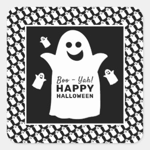 Happy Ghost, Black Halloween Party Square Sticker