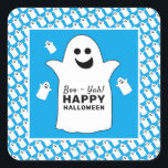 Happy Ghost, Blue Halloween Party Square Sticker<br><div class="desc">These stickers are perfect for anyone planning a Halloween celebration. The design features happy ghosts on the front with a tiled ghost pattern and is finished with matching editable wording. This fun design can be personalized to suit your special event and will be the perfect accessory for any Halloween themed...</div>