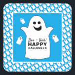 Happy Ghost, Blue Halloween Party Square Sticker<br><div class="desc">These stickers are perfect for anyone planning a Halloween celebration. The design features happy ghosts on the front with a tiled ghost pattern and is finished with matching editable wording. This fun design can be personalized to suit your special event and will be the perfect accessory for any Halloween themed...</div>