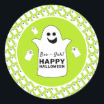 Happy Ghost, Green Halloween Party Classic Round Sticker<br><div class="desc">These stickers are perfect for anyone planning a Halloween celebration. The design features happy ghosts on the front with a tiled ghost pattern and is finished with matching editable wording. This fun design can be personalized to suit your special event and will be the perfect accessory for any Halloween themed...</div>
