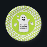 Happy Ghost, Green Halloween Party Paper Plate<br><div class="desc">These paper plates are perfect for anyone planning a Halloween celebration. The design features happy ghosts on the front with a tiled ghost pattern and is finished with matching editable wording. This fun design can be personalized to suit your special event and will be the perfect accessory for any Halloween...</div>