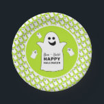 Happy Ghost, Green Halloween Party Paper Plate<br><div class="desc">These paper plates are perfect for anyone planning a Halloween celebration. The design features happy ghosts on the front with a tiled ghost pattern and is finished with matching editable wording. This fun design can be personalized to suit your special event and will be the perfect accessory for any Halloween...</div>