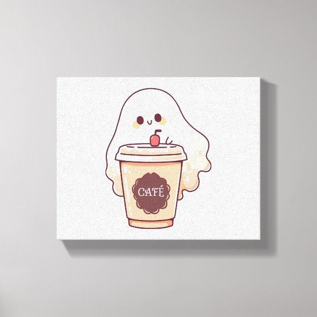 Happy Ghost Loves Coffee Sticker Canvas Print (Front)