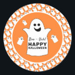 Happy Ghost, Orange Halloween Party Classic Round Sticker<br><div class="desc">These stickers are perfect for anyone planning a Halloween celebration. The design features happy ghosts on the front with a tiled ghost pattern and is finished with matching editable wording. This fun design can be personalized to suit your special event and will be the perfect accessory for any Halloween themed...</div>