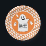 Happy Ghost, Orange Halloween Party Paper Plate<br><div class="desc">These paper plates are perfect for anyone planning a Halloween celebration. The design features happy ghosts on the front with a tiled ghost pattern and is finished with matching editable wording. This fun design can be personalized to suit your special event and will be the perfect accessory for any Halloween...</div>