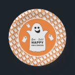 Happy Ghost, Orange Halloween Party Paper Plate<br><div class="desc">These paper plates are perfect for anyone planning a Halloween celebration. The design features happy ghosts on the front with a tiled ghost pattern and is finished with matching editable wording. This fun design can be personalized to suit your special event and will be the perfect accessory for any Halloween...</div>