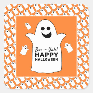 Happy Ghost, Orange Halloween Party Square Sticker