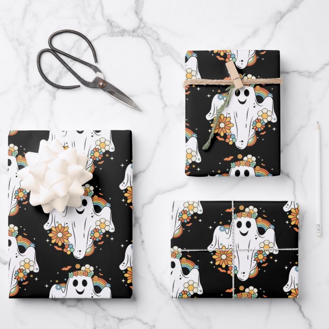 Happy Ghost Retro Hippie Pattern Wrapping Paper Sheet (Front)