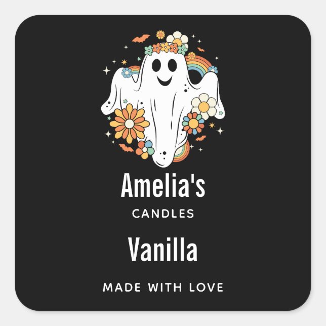 Happy Ghost Retro Hippie Vibe - Candle Business Square Sticker (Front)