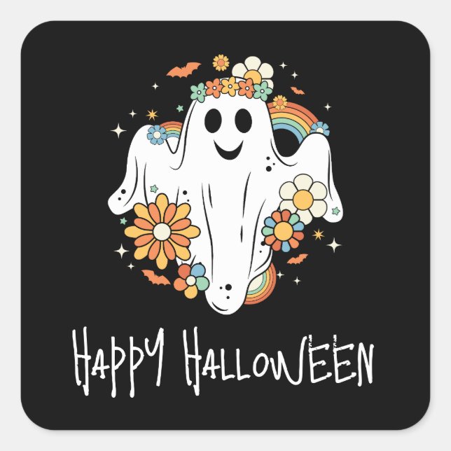 Happy Ghost Retro Hippie Vibe Halloween Square Sticker (Front)