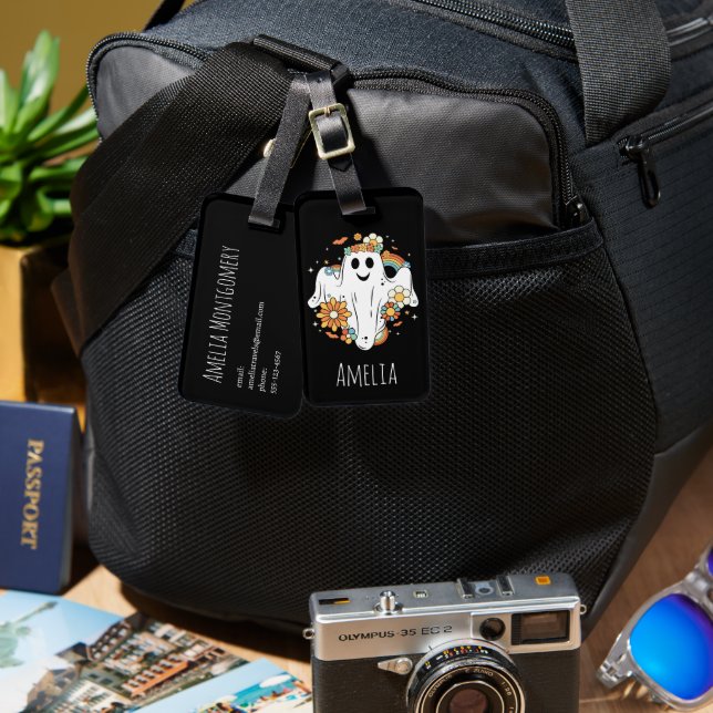 Happy Ghost Retro Hippie Vibe Luggage Tag (Front & Back)