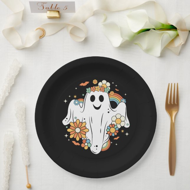 Happy Ghost Retro Hippie Vibe Paper Plate (Wedding)