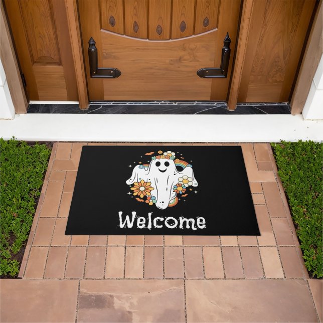 Happy Ghost Retro Hippie Vibe Welcome Doormat (Outdoor)