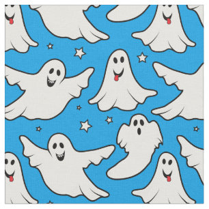 Happy Ghosts Halloween Pattern on Blue Fabric