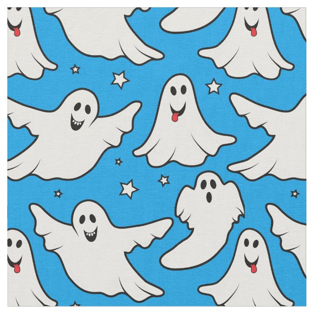 Happy Ghosts Halloween Pattern on Blue Fabric (Close Up)