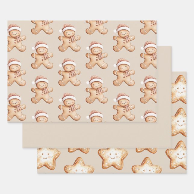 Happy Gingerbread and Star Cookie  Wrapping Paper Sheet (Set)