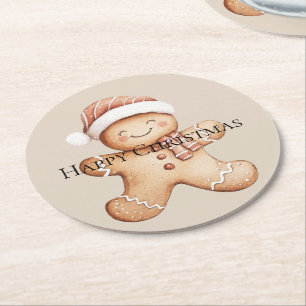 Happy Gingerbread Cookie with Santa Hat Round Paper Coaster