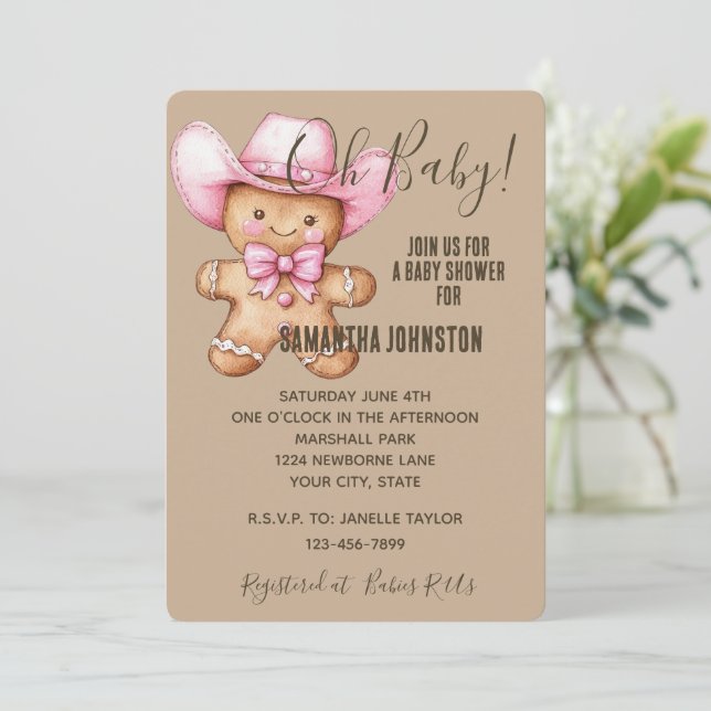 Happy Gingerbread Cowgirl Baby Shower Girl Invitation (Standing Front)