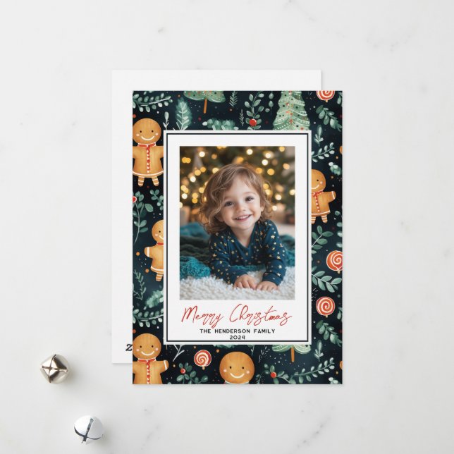 Happy Gingerbread Man Custom Christmas Photo Name Holiday Card (Front/Back In Situ)