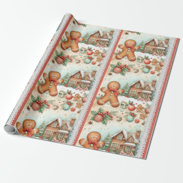Happy Gingerbread Man Gingerbread House Wrapping Paper (Unrolled)