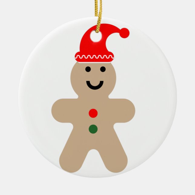 Happy Gingerbread man wearing a Santa hat  Ceramic Tree Decoration (Front)