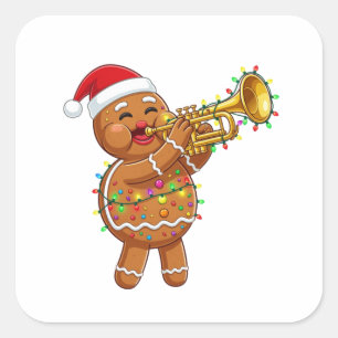 Happy Gingerbread Musician Playing Trumpet Xmas Square Sticker