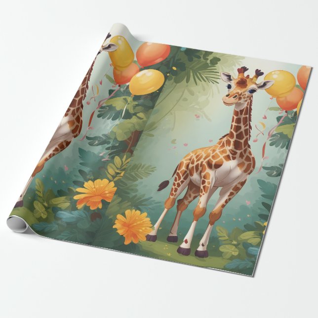 Happy Giraffe & Gifts in Jungle | Wrapping Paper (Unrolled)