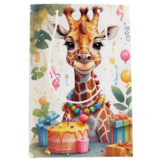 Happy Giraffe with Gifts & Cake |  Medium Gift Bag (Front)