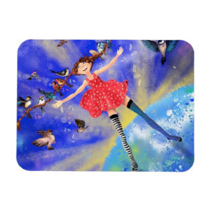 Happy Girl and Birds Magnet - Painting