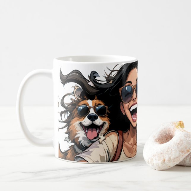 Happy Girl And Cute Dog In Sunglasses With Quote Coffee Mug (With Donut)
