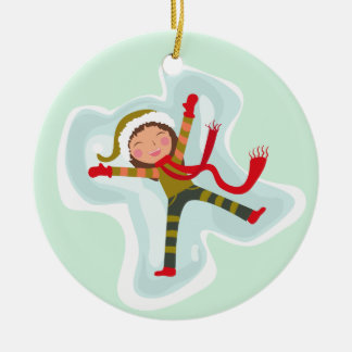 Happy Girl Making Snow Angel Xmas Winter Ceramic Tree Decoration