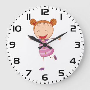 Happy Girl Stick Figure Ginger Hair Buns Large Clock
