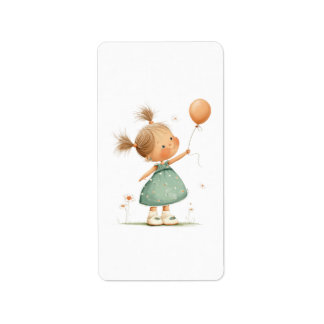 Happy Girl with Balloon Watercolor Label