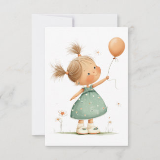 Happy Girl with Balloon Watercolor Thank You Card