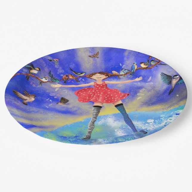 Happy Girl with Birds - Add Your Picture / Text Paper Plate (Angled)