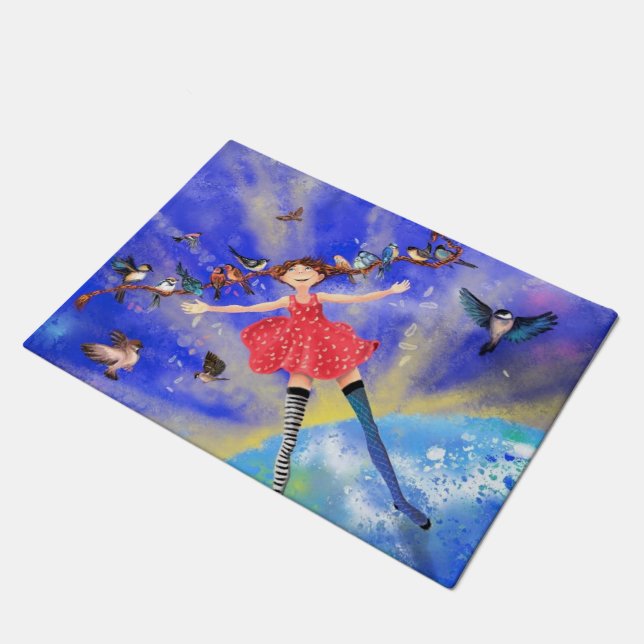 Happy Girl with Birds Doormat (Angled)