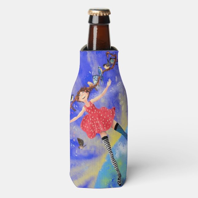 Happy Girl with Birds - Happines - Bottle Cooler (Bottle Front)