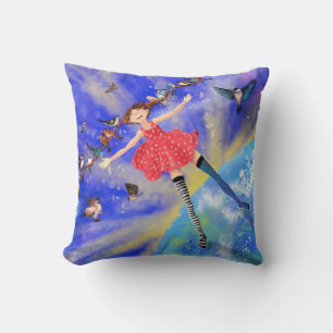 Happy Girl with Birds - Happines - Joy Cushion