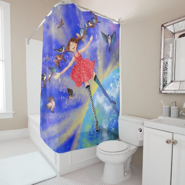 Happy Girl with Birds - Happines - Joy Shower Curtain (In Situ)