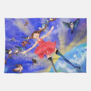 Happy Girl with Birds - Happines - Joy Tea Towel