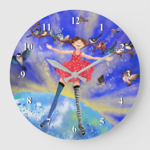 Happy Girl with Birds - Happines - Round Large Clock