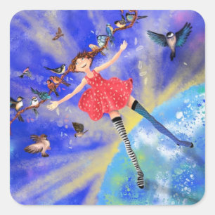 Happy Girl with Birds - Happines Square Sticker