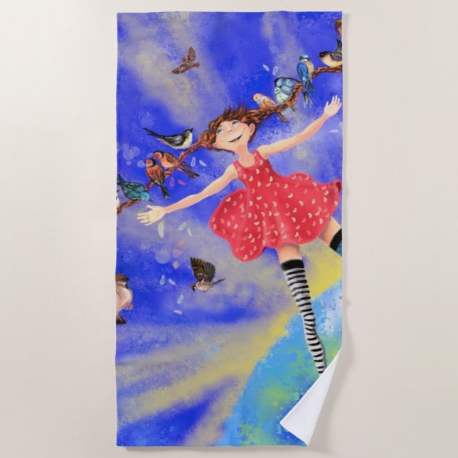 Happy Girl with Birds - Joy Beach Towel (Front)