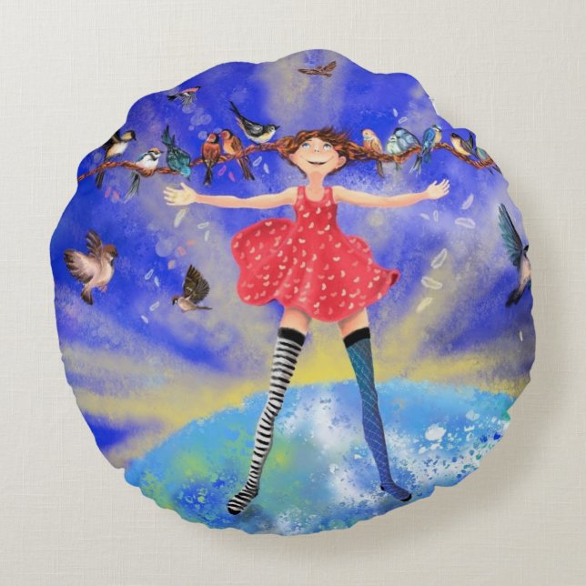 Happy Girl with Birds - Joy - Fun Round Cushion (Back)