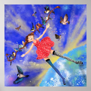 Happy Girl with Birds Poster Happiness
