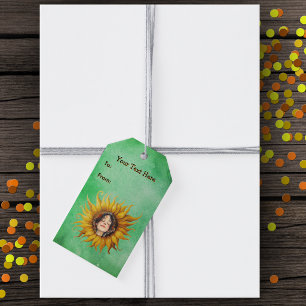 Happy Girls Face in Centre Yellow sunflower Green Gift Tags