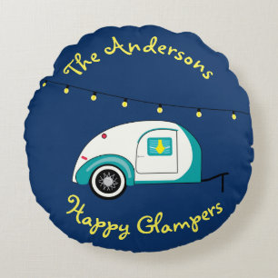 Happy Glamper Aquamarine Vintage Teardrop Trailer Round Cushion